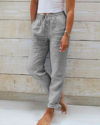 Hannah | Dames rechte linnen broek met koord en elastische band