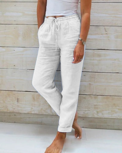 Hannah | Dames rechte linnen broek met koord en elastische band
