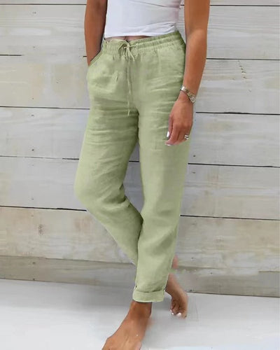 Hannah | Dames rechte linnen broek met koord en elastische band