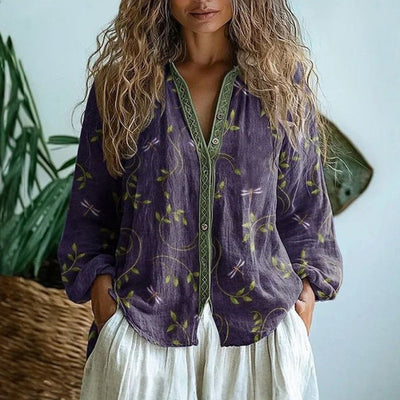 Luisa | Dames linnen blouse met lange mouwen, V-hals en contrastbies
