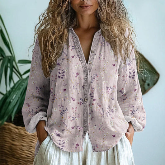 Luisa | Dames linnen blouse met lange mouwen, V-hals en contrastbies