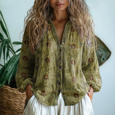 Luisa | Dames linnen blouse met lange mouwen, V-hals en contrastbies