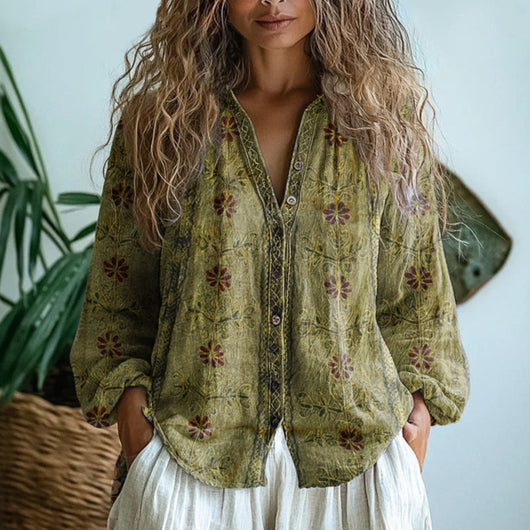 Luisa | Dames linnen blouse met lange mouwen, V-hals en contrastbies