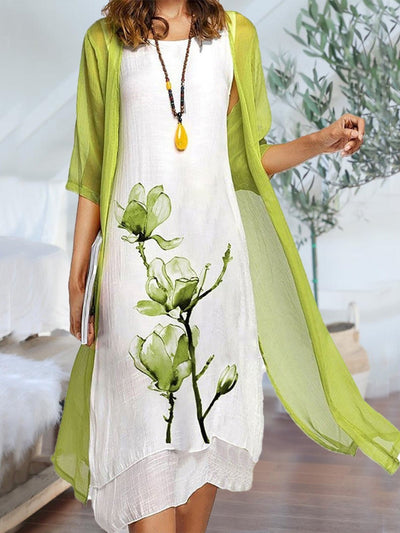 Johanna | Dames set met linnen midi-jurk en chiffon vest