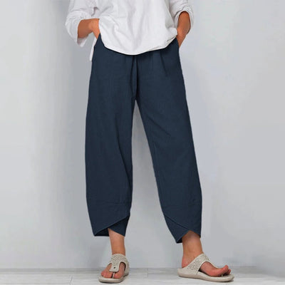Emilia | Dames broek van linnenmix met wijde pijp en elastische tailleband