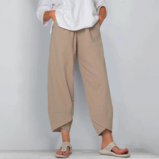 Emilia | Dames broek van linnenmix met wijde pijp en elastische tailleband
