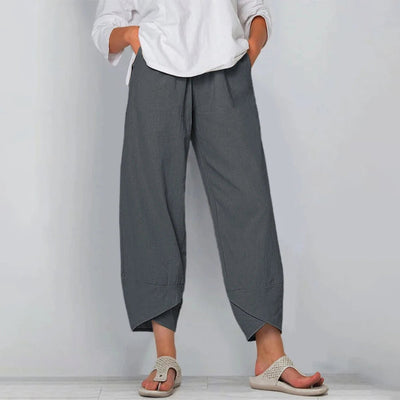 Emilia | Dames broek van linnenmix met wijde pijp en elastische tailleband