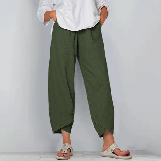 Emilia | Dames broek van linnenmix met wijde pijp en elastische tailleband