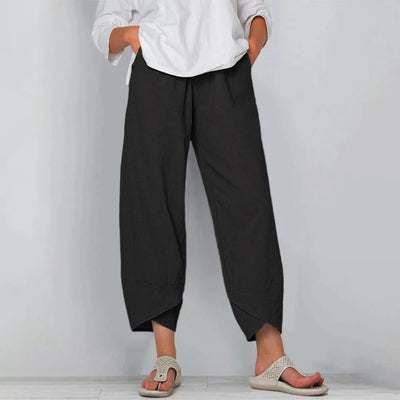 Emilia | Dames broek van linnenmix met wijde pijp en elastische tailleband
