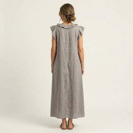 Emilia | Mouwloze linnen dames maxi-zomerjurk met ruches en v-hals