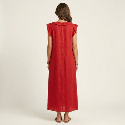 Emilia | Mouwloze linnen dames maxi-zomerjurk met ruches en v-hals