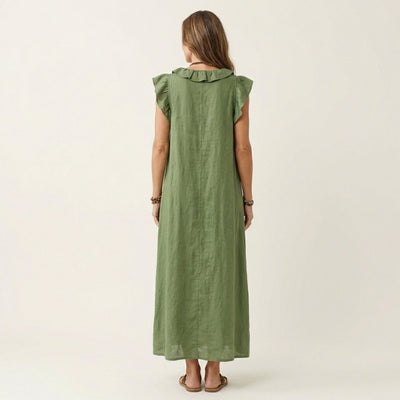 Emilia | Mouwloze linnen dames maxi-zomerjurk met ruches en v-hals