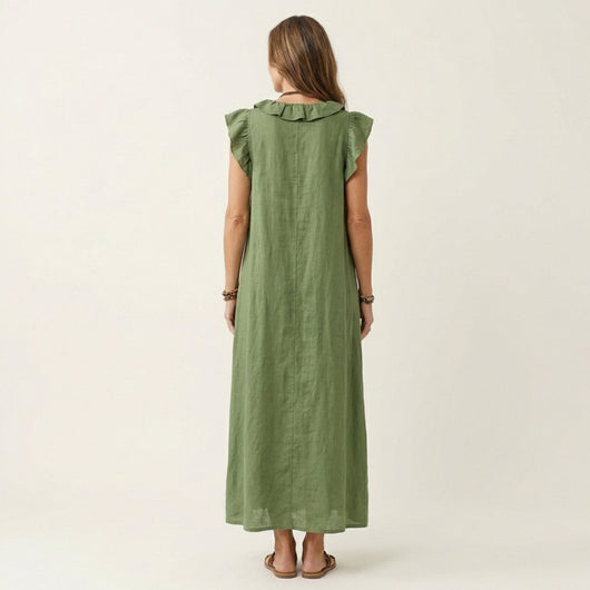 Emilia | Mouwloze linnen dames maxi-zomerjurk met ruches en v-hals