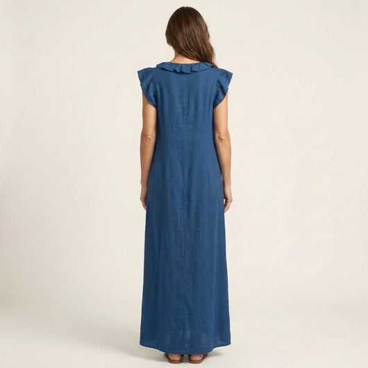 Emilia | Mouwloze linnen dames maxi-zomerjurk met ruches en v-hals