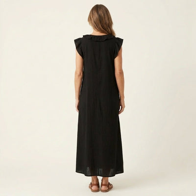 Emilia | Mouwloze linnen dames maxi-zomerjurk met ruches en v-hals