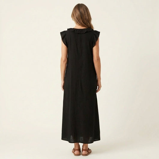 Emilia | Mouwloze linnen dames maxi-zomerjurk met ruches en v-hals