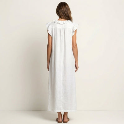 Emilia | Mouwloze linnen dames maxi-zomerjurk met ruches en v-hals