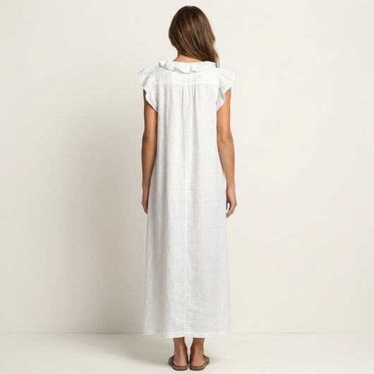 Emilia | Mouwloze linnen dames maxi-zomerjurk met ruches en v-hals