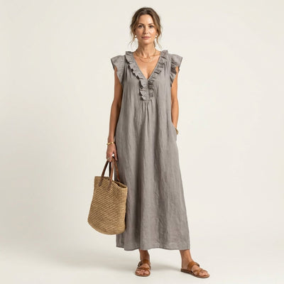 Emilia | Mouwloze linnen dames maxi-zomerjurk met ruches en v-hals