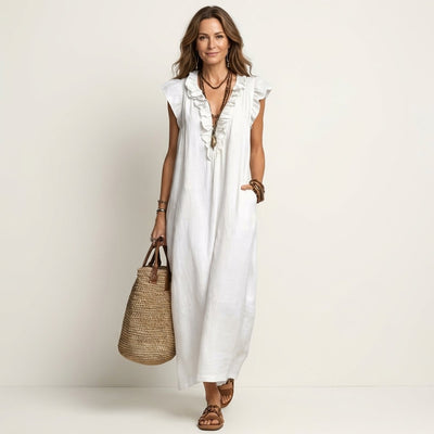 Emilia | Mouwloze linnen dames maxi-zomerjurk met ruches en v-hals