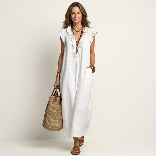 Emilia | Mouwloze linnen dames maxi-zomerjurk met ruches en v-hals