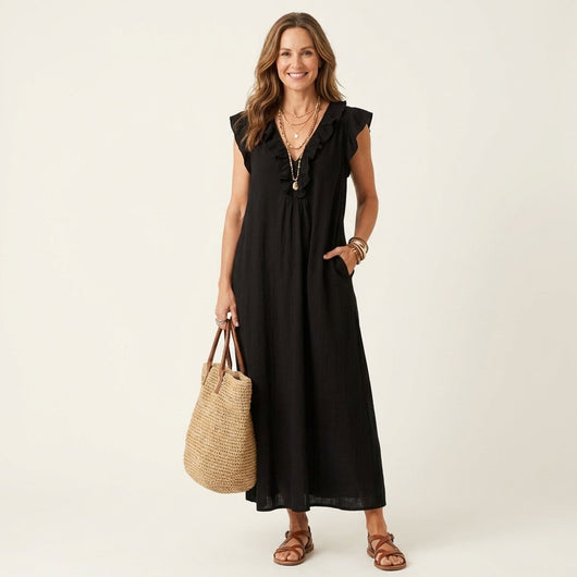 Emilia | Mouwloze linnen dames maxi-zomerjurk met ruches en v-hals