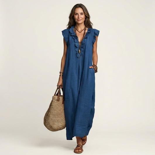 Emilia | Mouwloze linnen dames maxi-zomerjurk met ruches en v-hals