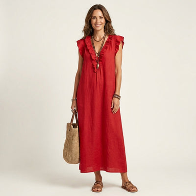 Emilia | Mouwloze linnen dames maxi-zomerjurk met ruches en v-hals