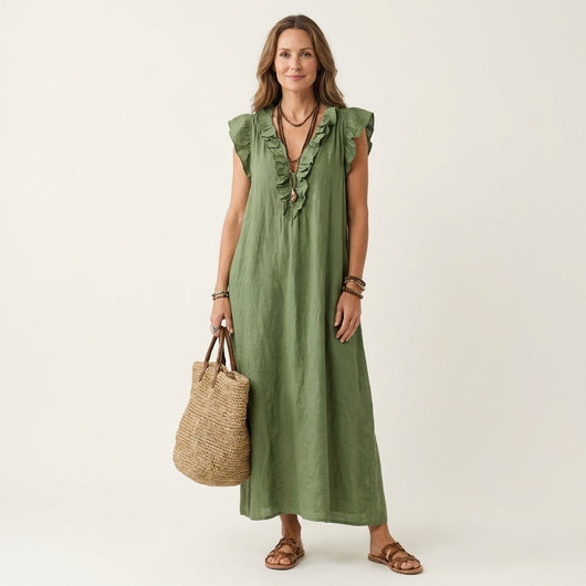 Emilia | Mouwloze linnen dames maxi-zomerjurk met ruches en v-hals