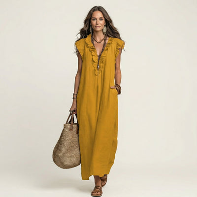 Emilia | Mouwloze linnen dames maxi-zomerjurk met ruches en v-hals