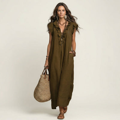 Emilia | Mouwloze linnen dames maxi-zomerjurk met ruches en v-hals