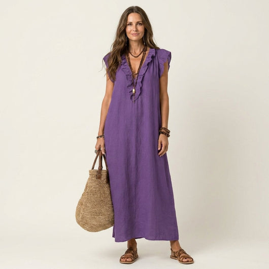 Emilia | Mouwloze linnen dames maxi-zomerjurk met ruches en v-hals