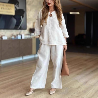Hannah | Casual dames tweedelige set met linnen tuniek en palazzobroek
