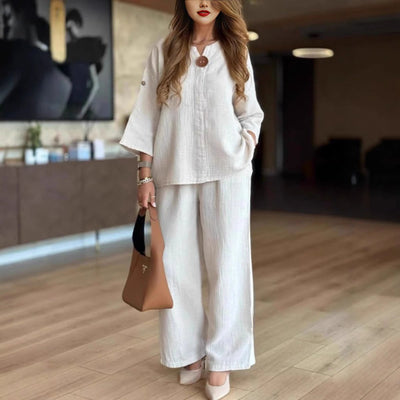 Hannah | Casual dames tweedelige set met linnen tuniek en palazzobroek