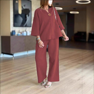Hannah | Casual dames tweedelige set met linnen tuniek en palazzobroek