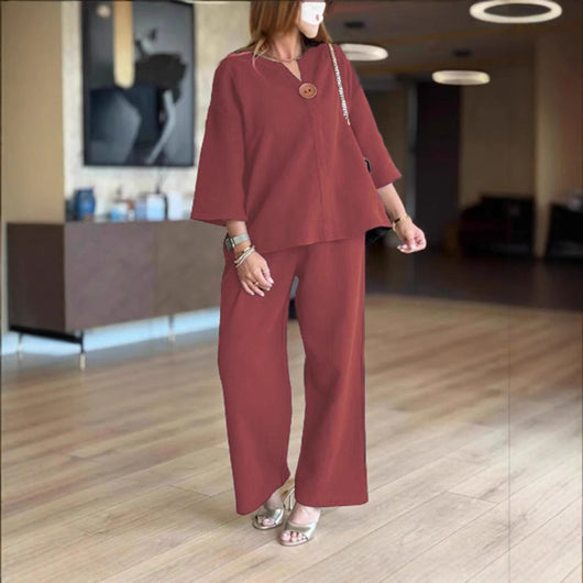 Hannah | Casual dames tweedelige set met linnen tuniek en palazzobroek