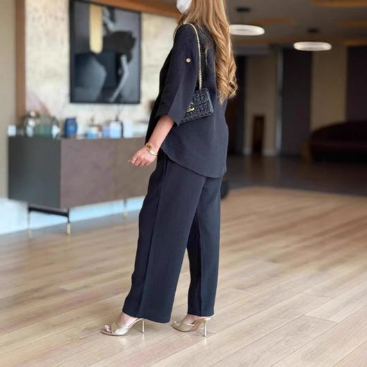 Hannah | Casual dames tweedelige set met linnen tuniek en palazzobroek