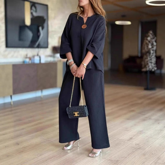 Hannah | Casual dames tweedelige set met linnen tuniek en palazzobroek