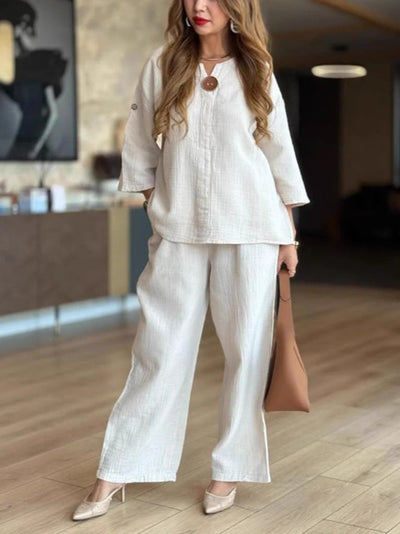 Hannah | Casual dames tweedelige set met linnen tuniek en palazzobroek