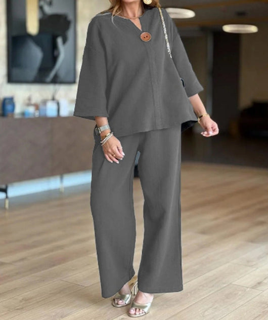 Hannah | Casual dames tweedelige set met linnen tuniek en palazzobroek