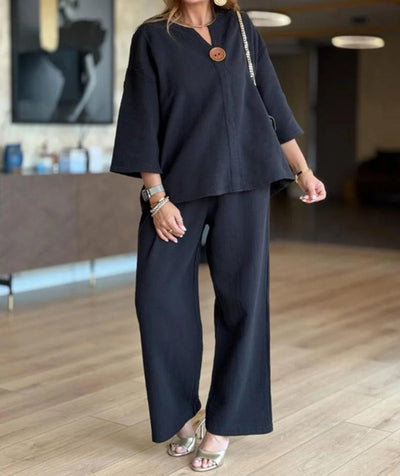 Hannah | Casual dames tweedelige set met linnen tuniek en palazzobroek