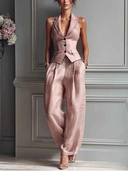 Sophie | Dames linnen set met gilet en wijde broek