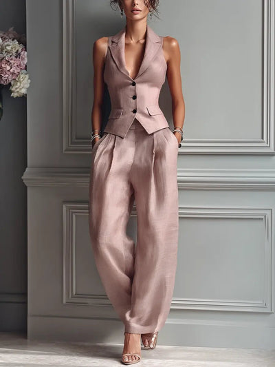 Sophie | Dames linnen set met gilet en wijde broek