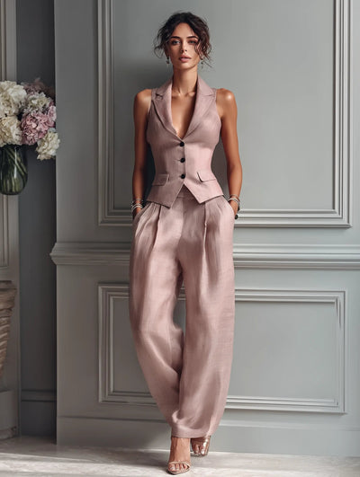 Sophie | Dames linnen set met gilet en wijde broek