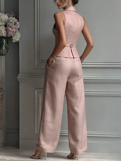 Sophie | Dames linnen set met gilet en wijde broek
