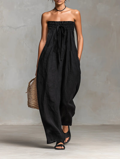 Hannah | Strapless dames linnen jumpsuit met wijde pijpen en strikband