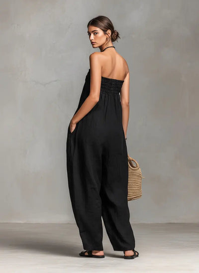 Hannah | Strapless dames linnen jumpsuit met wijde pijpen en strikband