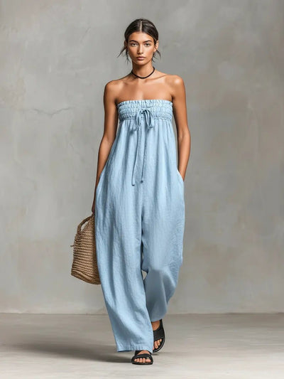 Hannah | Strapless dames linnen jumpsuit met wijde pijpen en strikband