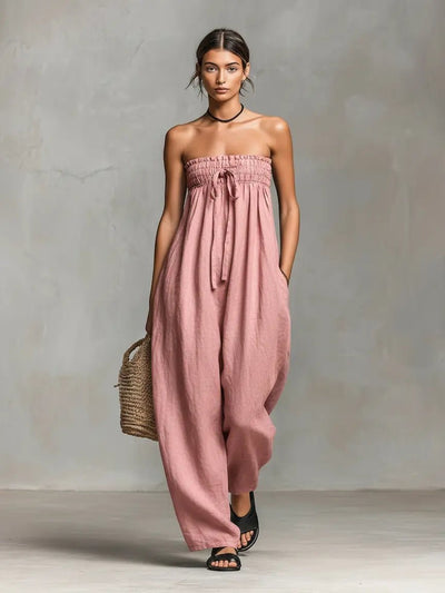Hannah | Strapless dames linnen jumpsuit met wijde pijpen en strikband
