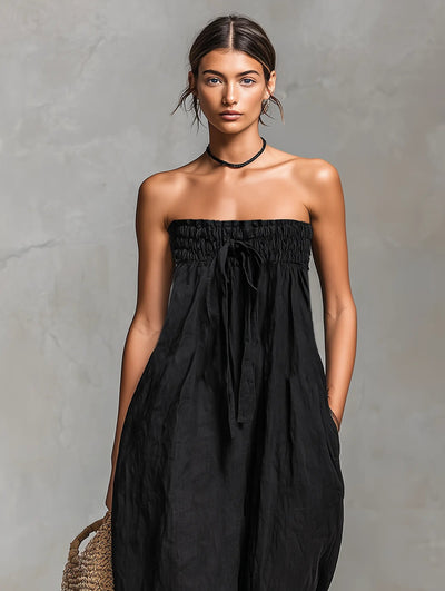 Hannah | Strapless dames linnen jumpsuit met wijde pijpen en strikband